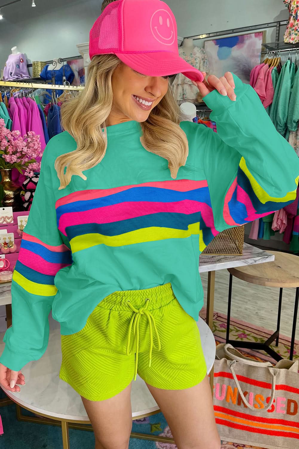 Green Colorful Striped Accent Long Sleeve T Shirt - Love Salve